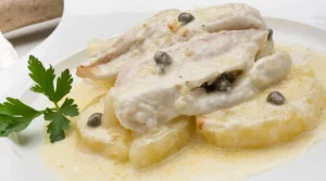 Lenguado a la crema con patatas y alcaparras