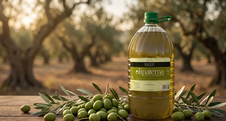 Garrafa de AOVE Verdial monovarietal de Olipaterna sobre madera con aceitunas verdiales y rama de olivo