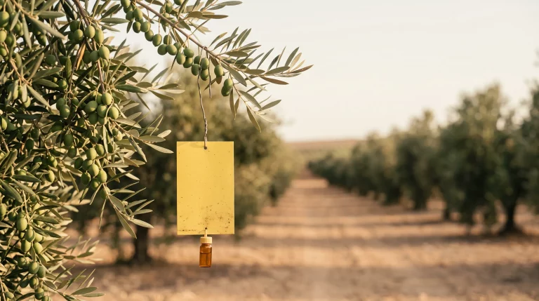 Tratamiento mosca del olivo: trampa de seguimiento en un olivar de Paterna del Campo