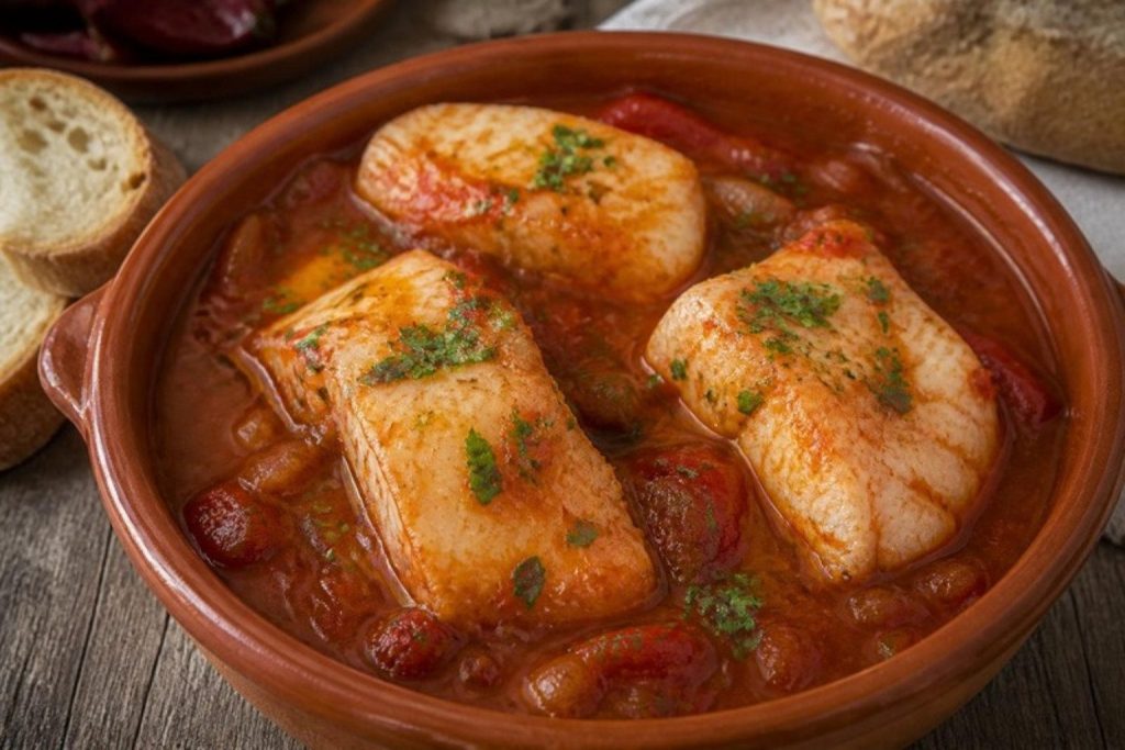 Bacalao a la vizcaína en cazuela de barro con salsa de pimiento choricero
