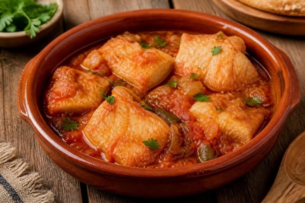Bacalao con tomate en cazuela de barro con perejil