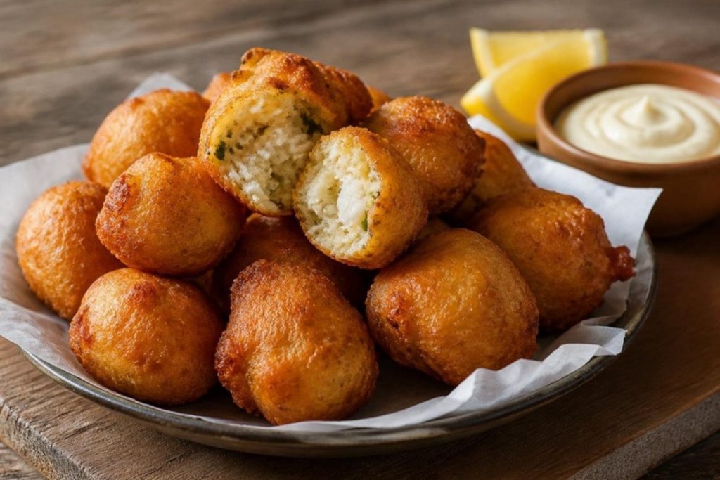 Buñuelos de bacalao dorados con uno abierto, limón y alioli