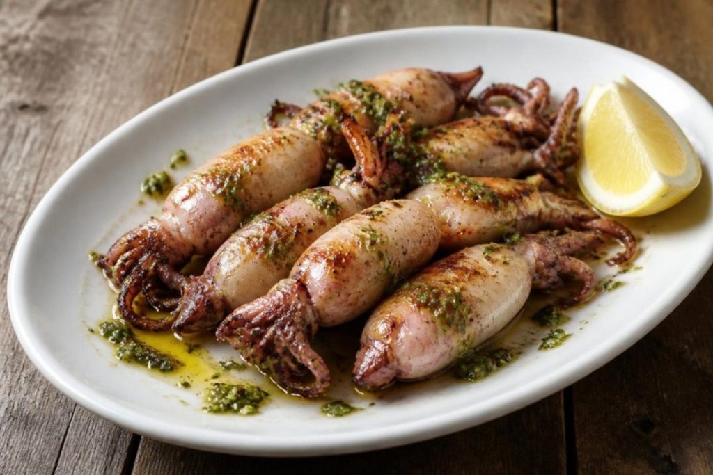 Chipirones a la plancha con aliño de ajo, perejil y aceite de oliva y limón