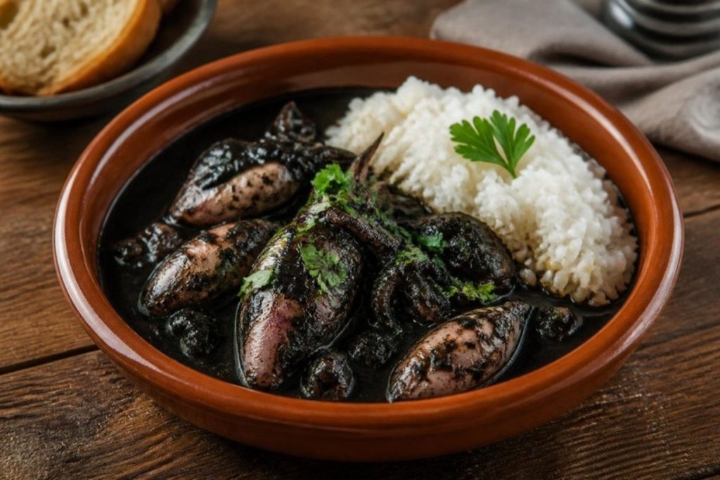 Chipirones en su tinta en cazuela de barro con arroz blanco