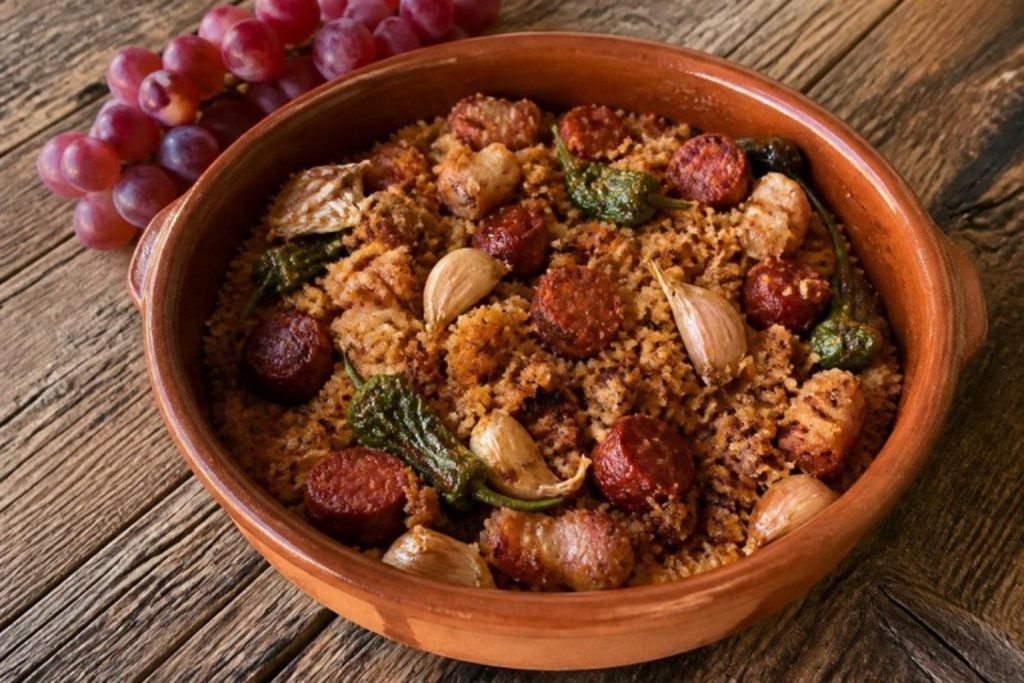 Migas de pan con chorizo, panceta y ajos en cazuela de barro con uvas