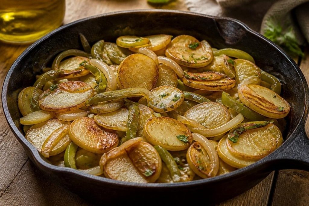 Patatas a lo pobre con cebolla y pimiento en sartén de hierro