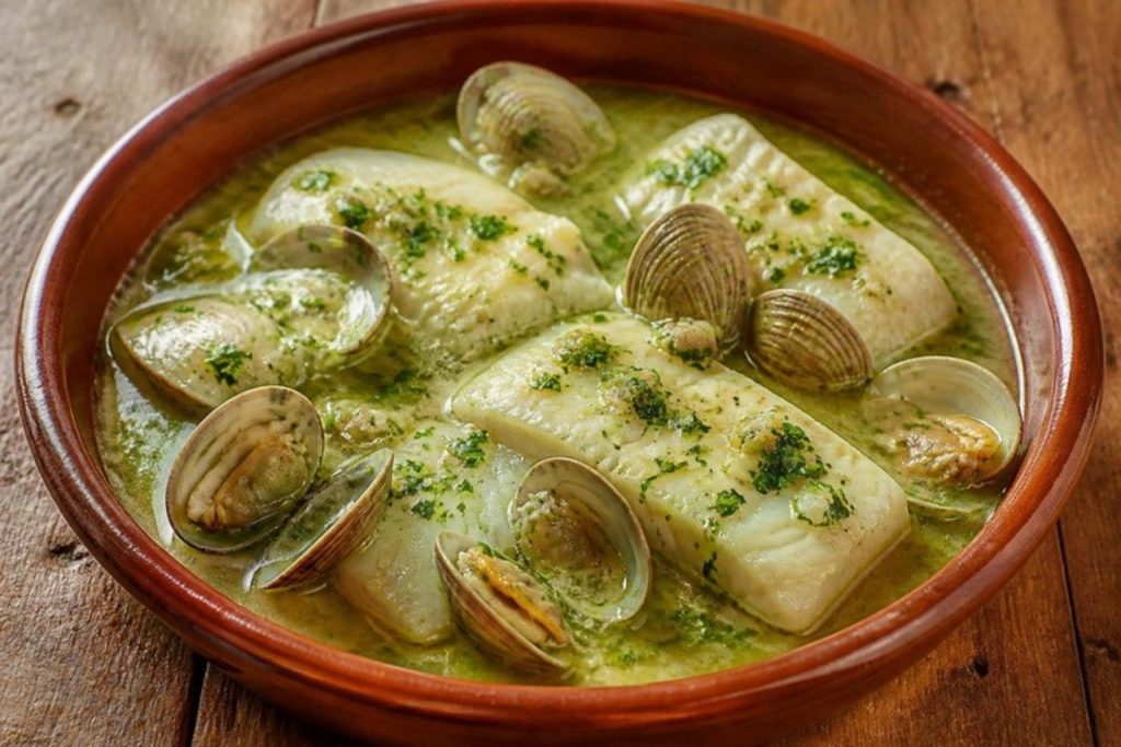 Merluza en salsa verde con almejas en cazuela de barro